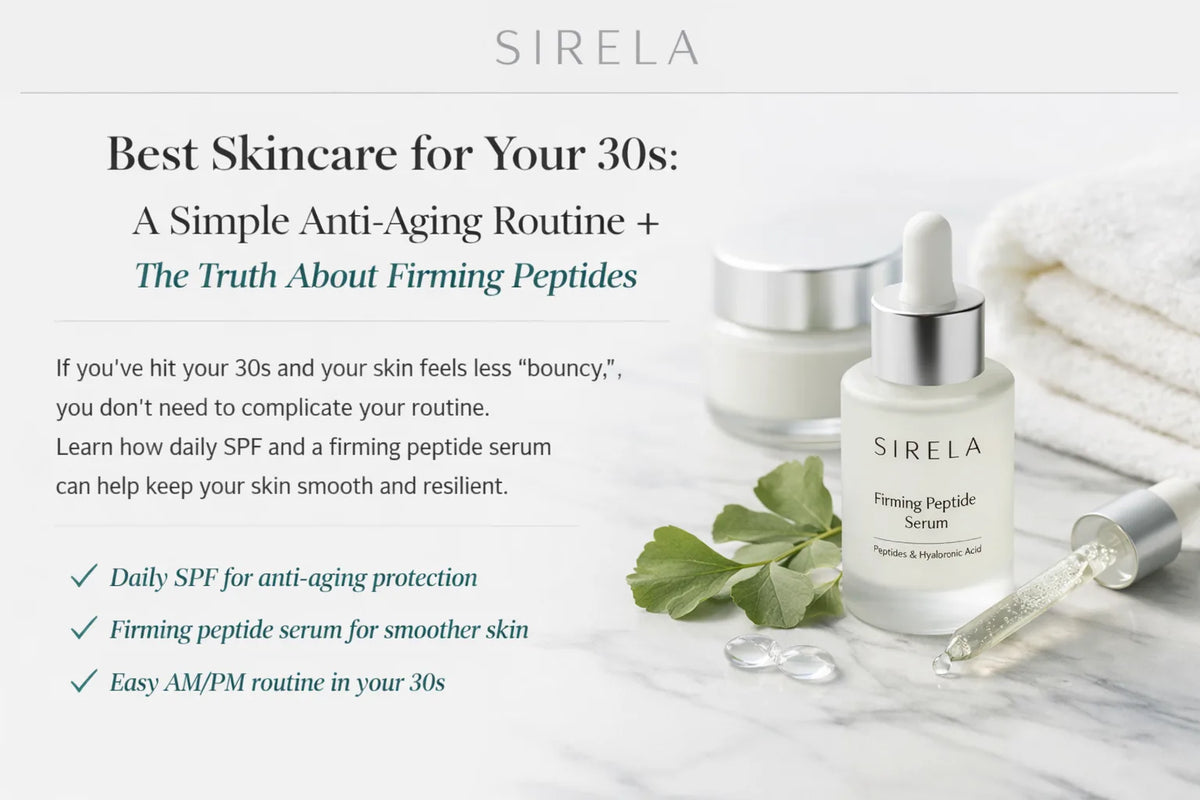 Sirela Skincare blog header with Firming Peptide Serum on marble and headline about best skincare for your 30s and firming peptides.