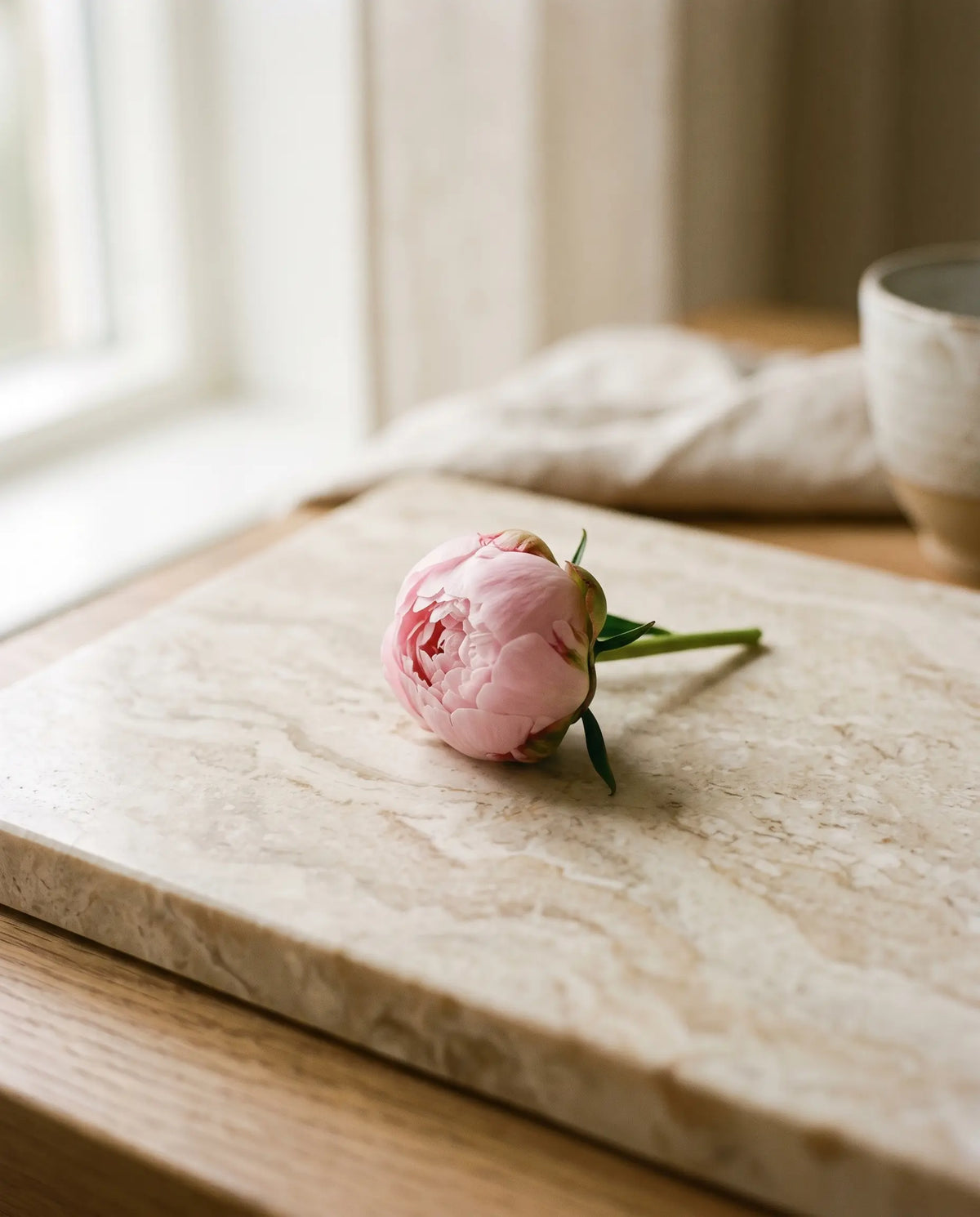 Single pink peony bud resting on warm cream marble in soft window light, linen and stoneware in the background — Sirela Firming & Anti-Aging collection