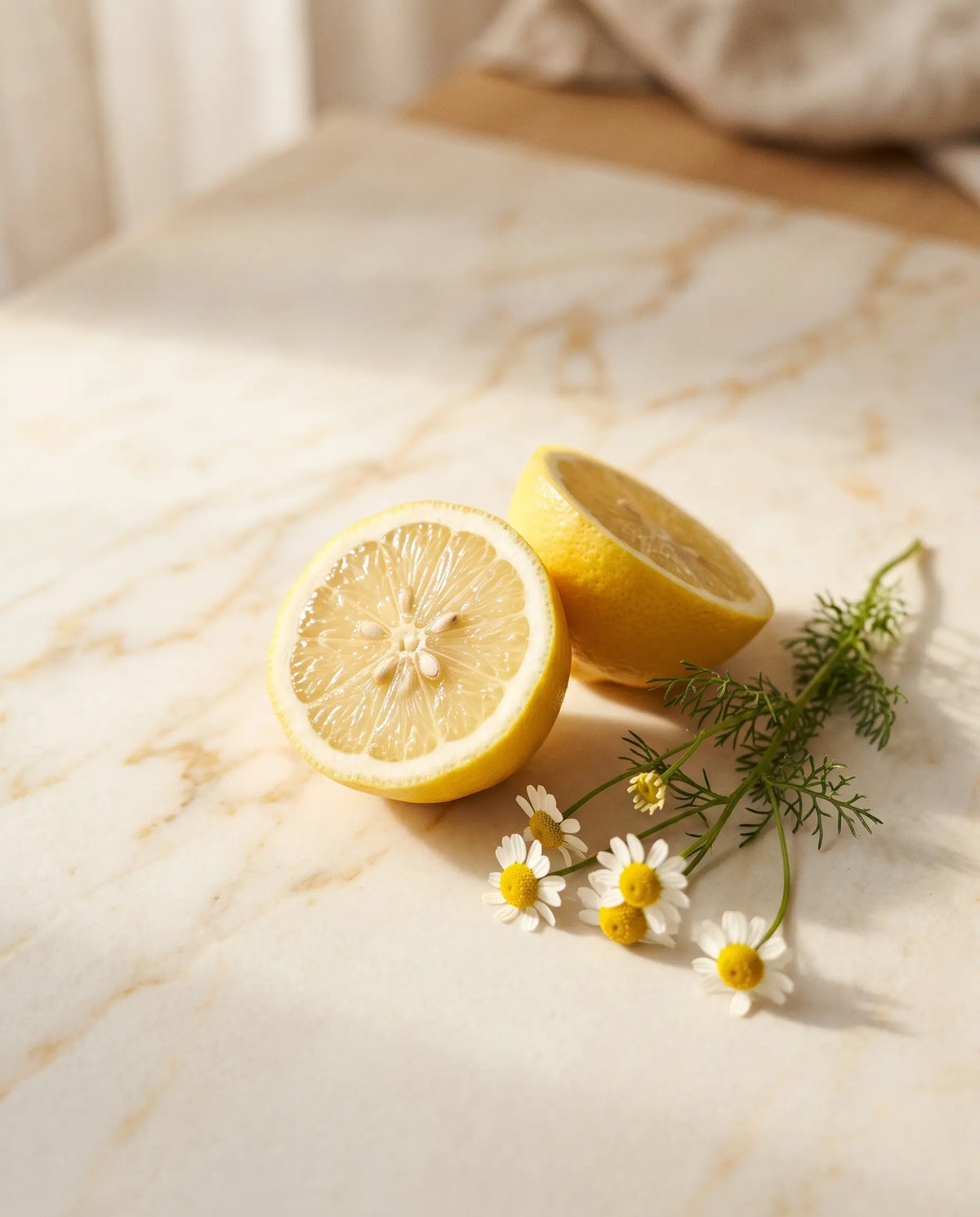 Halved fresh lemon and a sprig of chamomile flowers on warm cream marble in golden morning light — Sirela Brightening & Even Tone collection