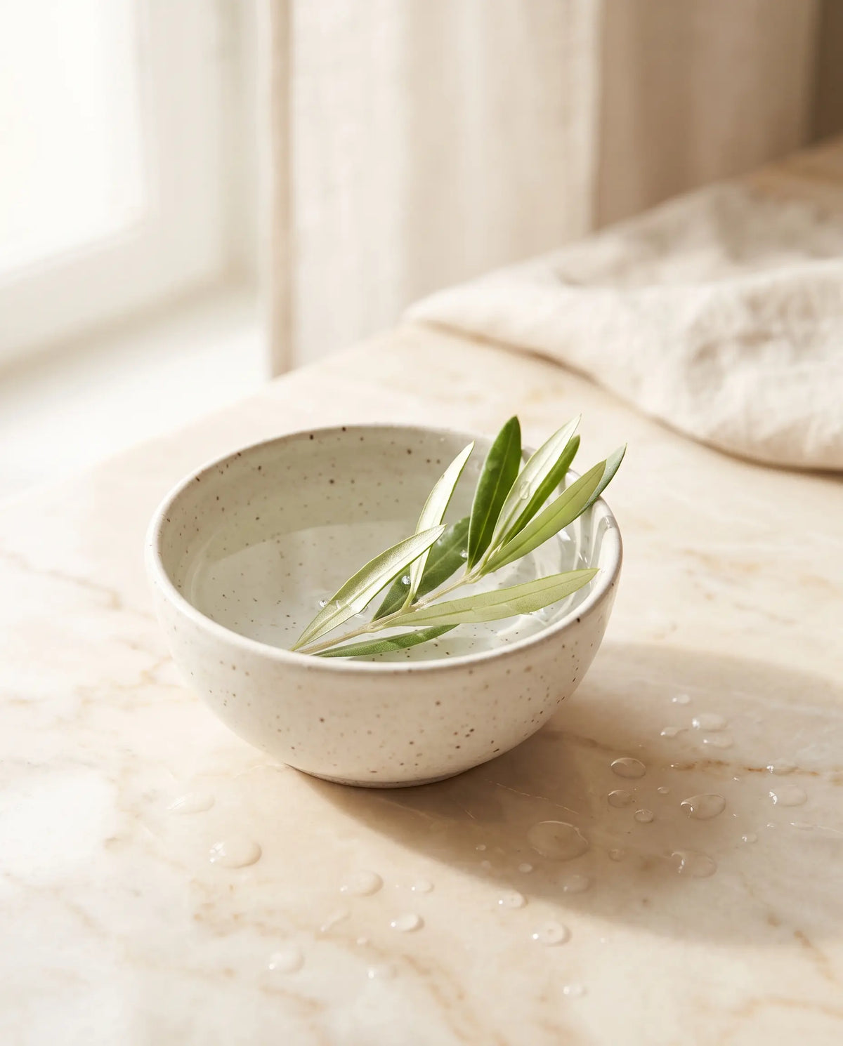 Fresh olive branch resting in a stoneware bowl of clear water, water droplets scattered across warm cream marble in soft window light — Sirela Cleansing collection