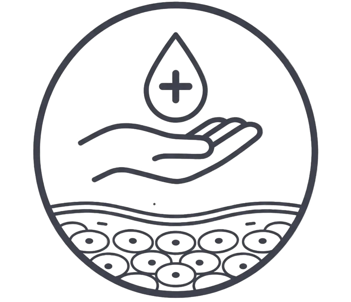 Icon of a hand holding a droplet with a plus sign above it, surrounded by skin cells, on a transparent background.
