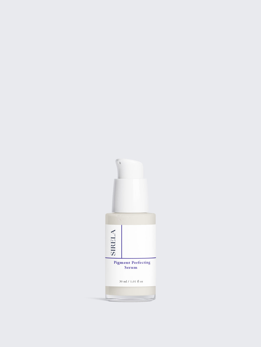 Sirela Pigment Perfecting Serum in a clear glass bottle with a white pump dispenser and a white label featuring purple text and lines, set against a solid light gray background.