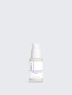 Sirela Pigment Perfecting Serum in a clear glass bottle with a white pump dispenser and a white label featuring purple text and lines, set against a solid light gray background.