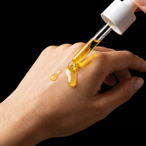 Hand applying yellow liquid from a dropper onto skin against a black background