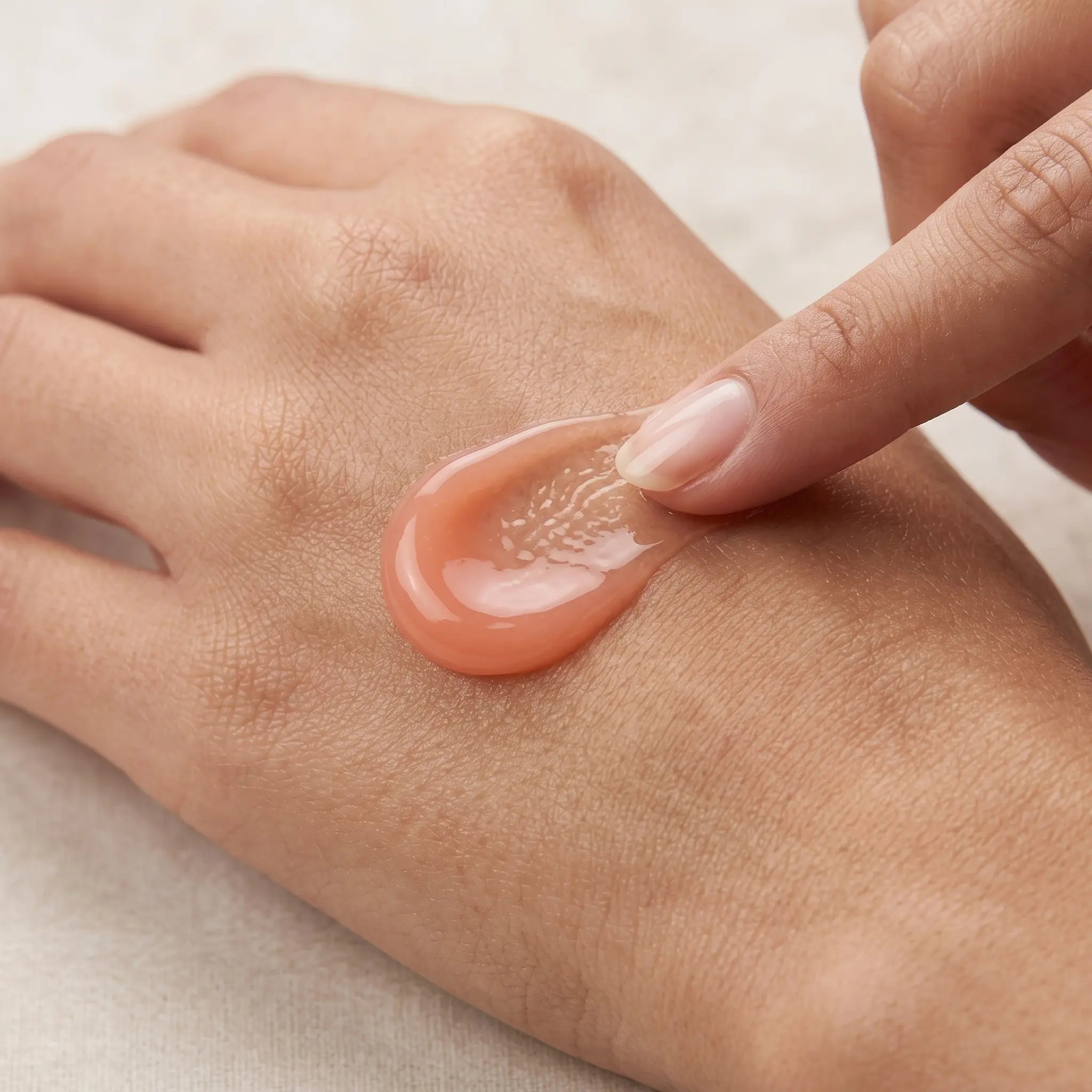 Applying Sirela Firming Peptide Serum — peach-toned silky serum being smoothed onto the back of the hand with a fingertip