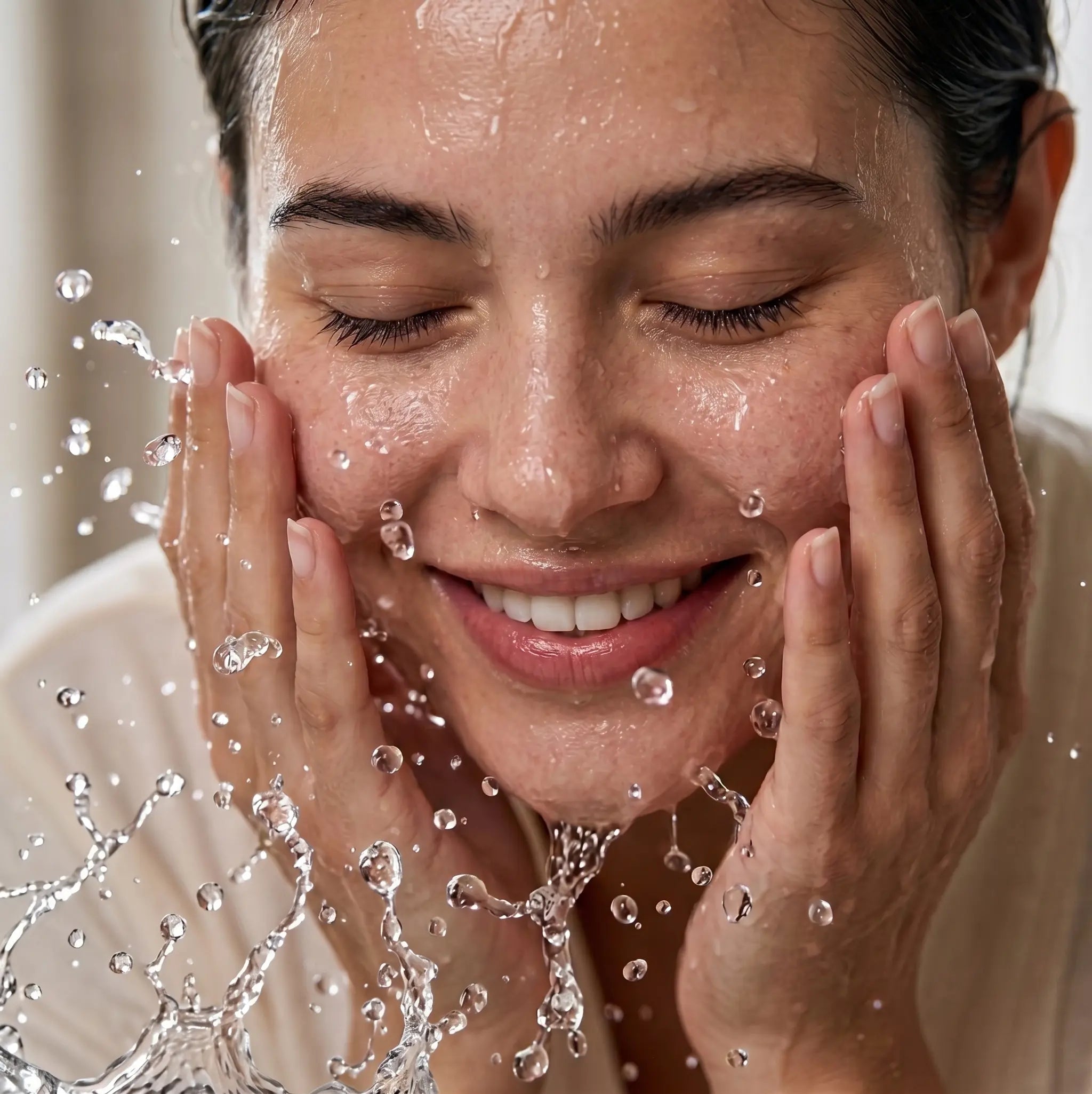 Rinsing off Sirela Sensitive Skin Oil-to-Milk Cleanser with water — the final step of the oil-to-milk cleansing ritual