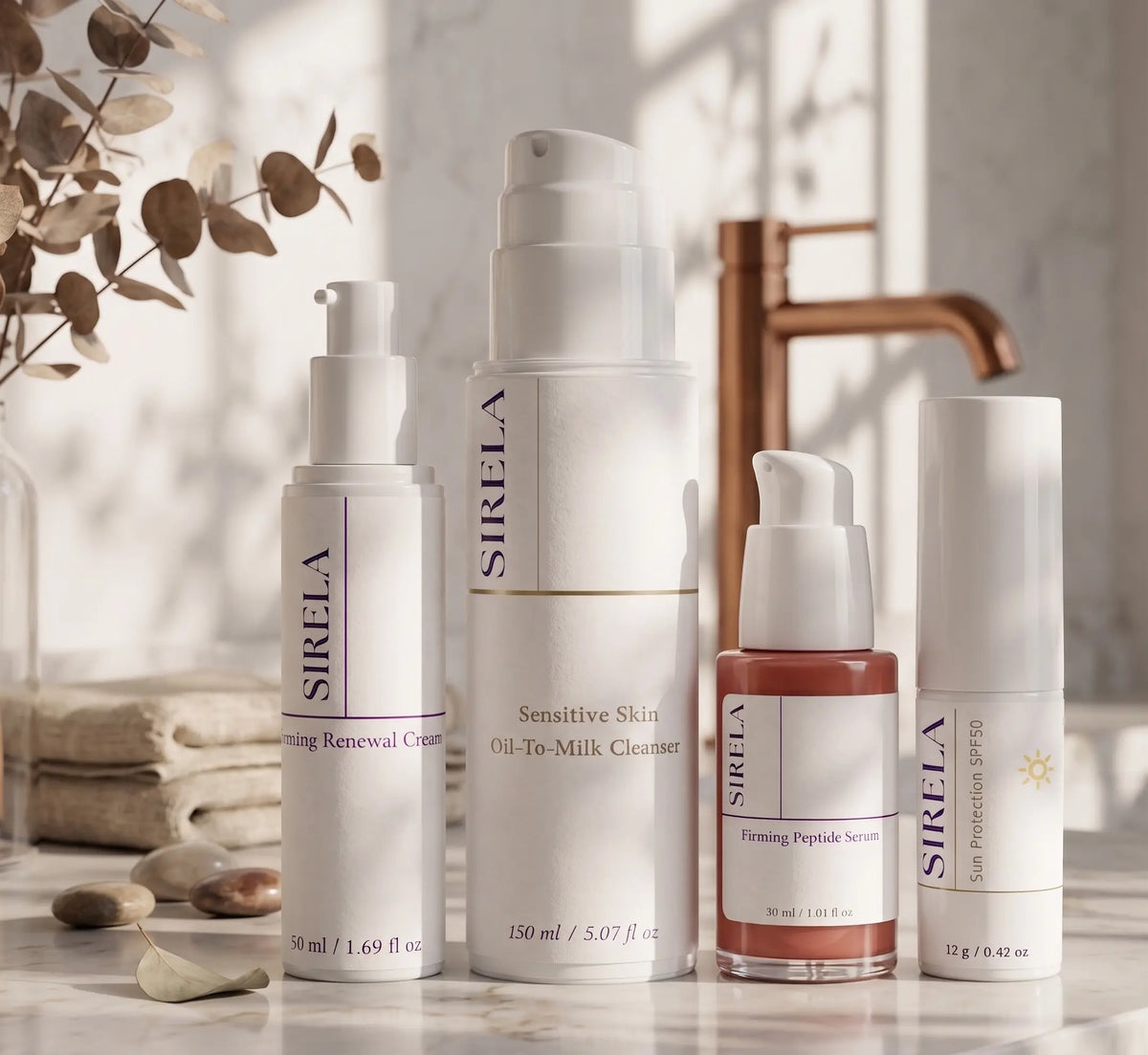 Four SIRELA skincare bottles arranged on a marble surface with a copper faucet and dried leaves in the background. The products include Cleansing Removal Cream, Sensitive Skin Oil-To-Milk Cleanser, Forming Peptide Serum, and SPF 50+.