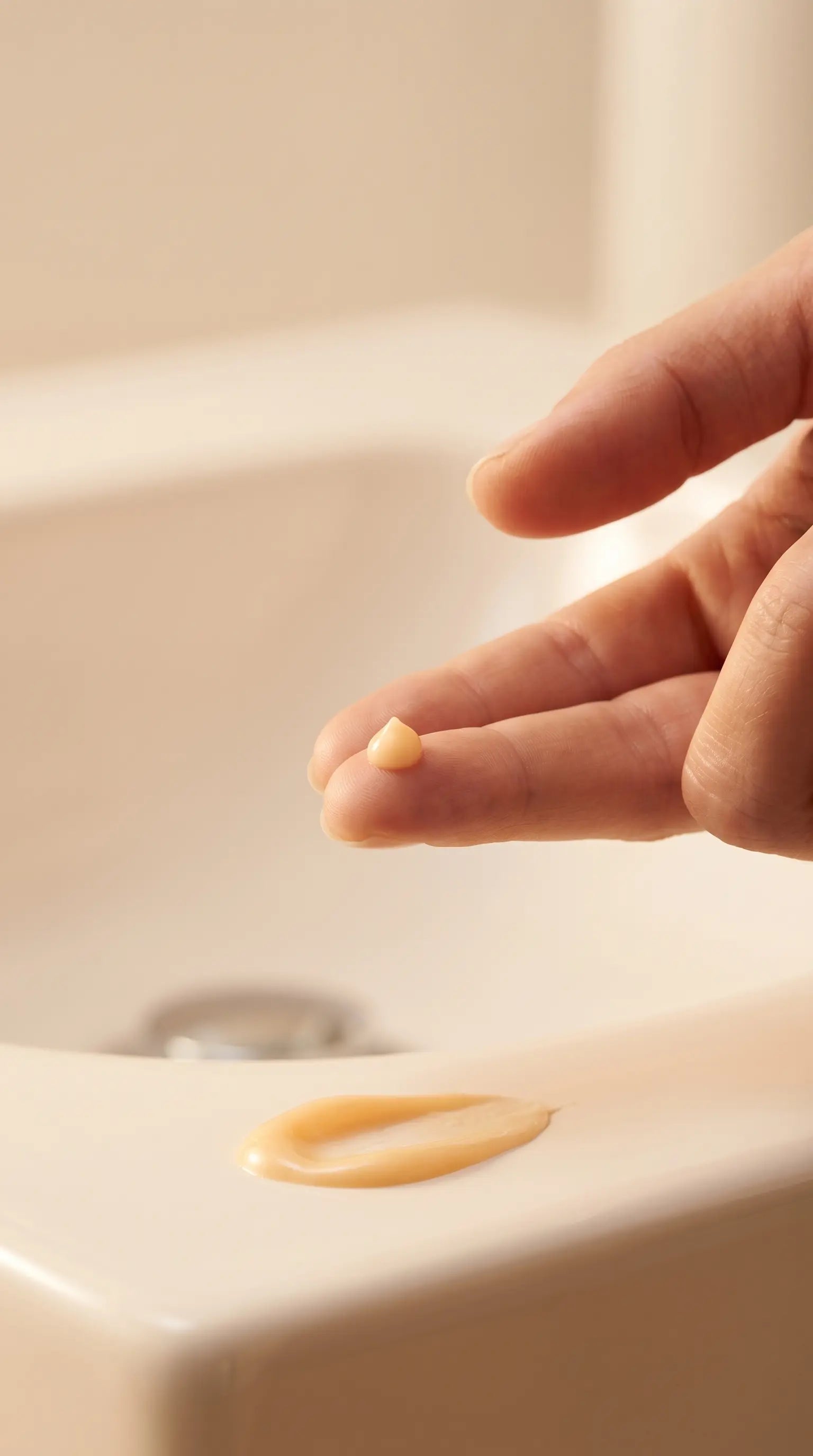 A close-up of a hand holding a tiny dollop of pale yellow cream above a larger smear of the same product on a white sink, with a softly blurred bathroom background.