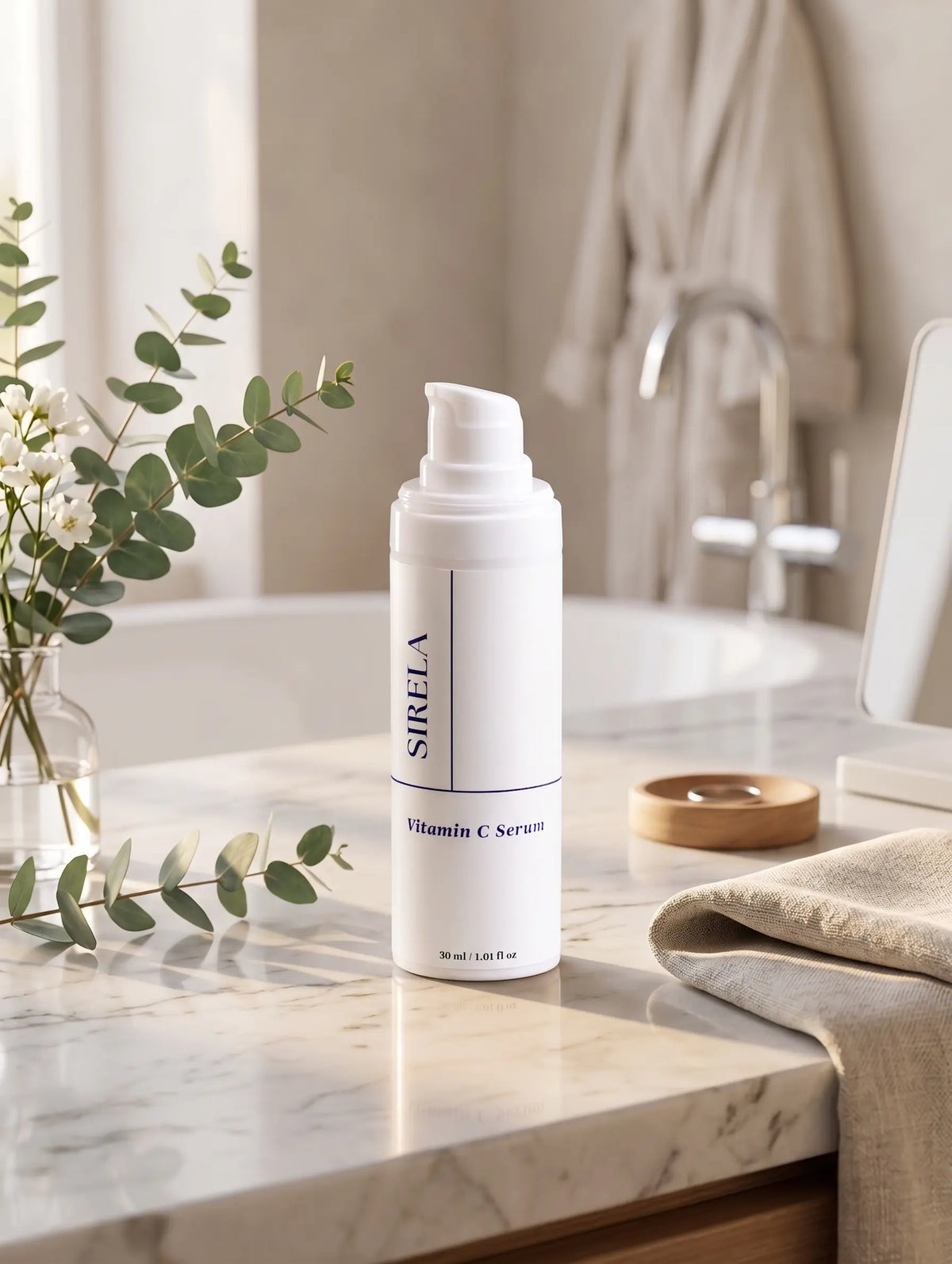 A white pump bottle of SIRELA Vitamin C Serum stands on a marble bathroom counter, with a folded towel, small wooden dish, eucalyptus sprig, and softly blurred bathroom fixtures in the background.
