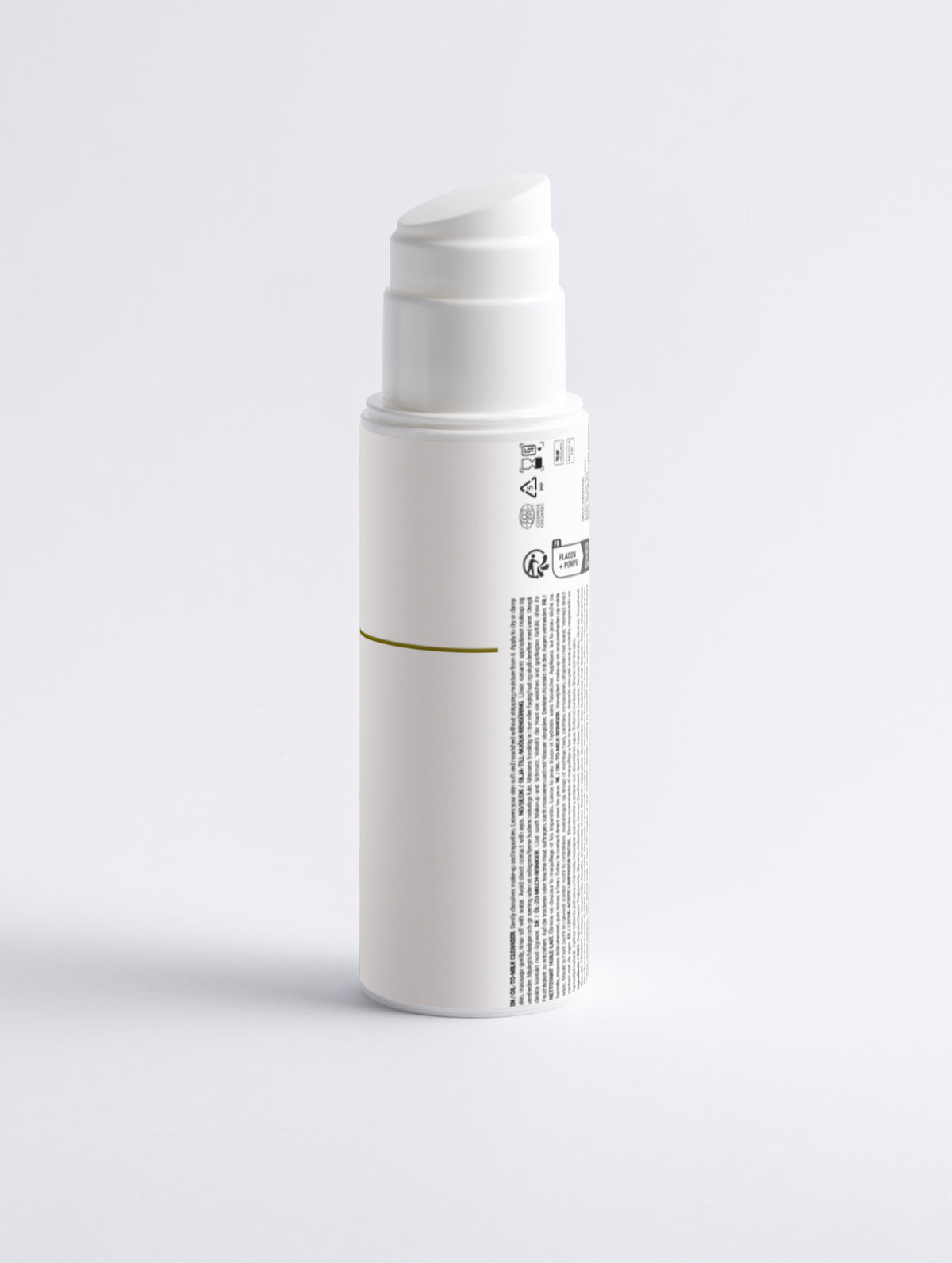 White cylindrical container with text on a light gray background